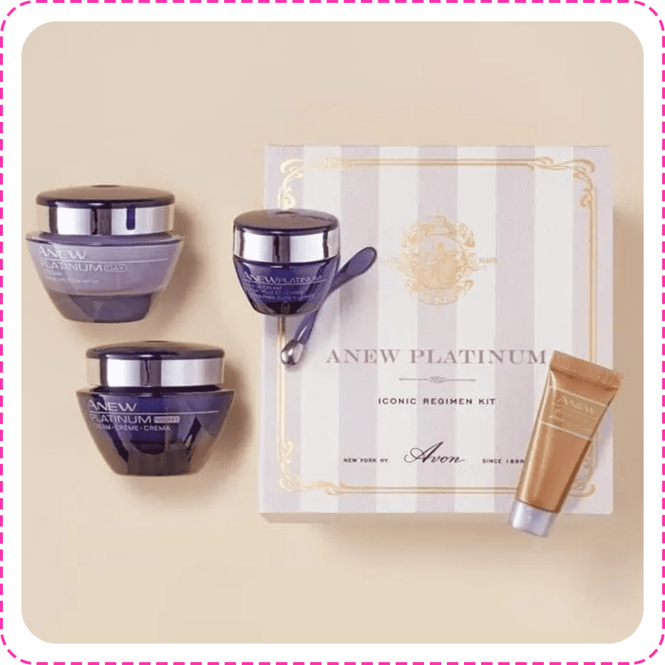 A box of avon anew platinum creme makeup set.
