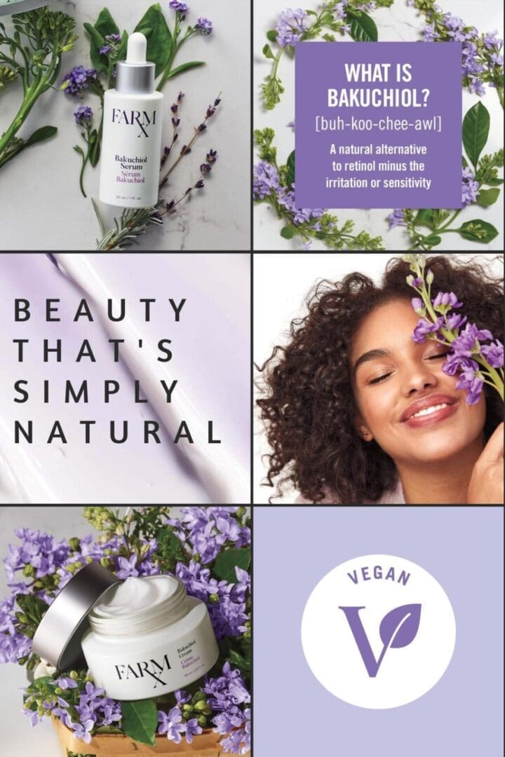 A collage of different images with purple flowers.