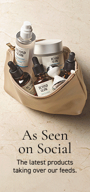 Skincare products in a beige bag.