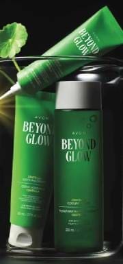 Green skincare products labeled "Beyond Glow".