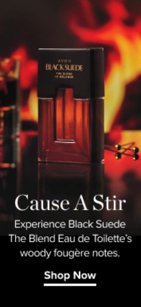 Perfume bottle with fiery background and text.
