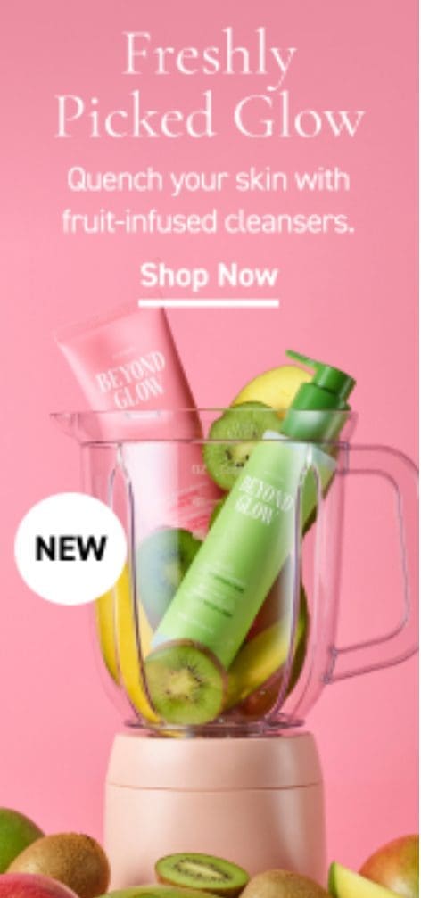 Fruit-infused cleansers in blender advertisement.