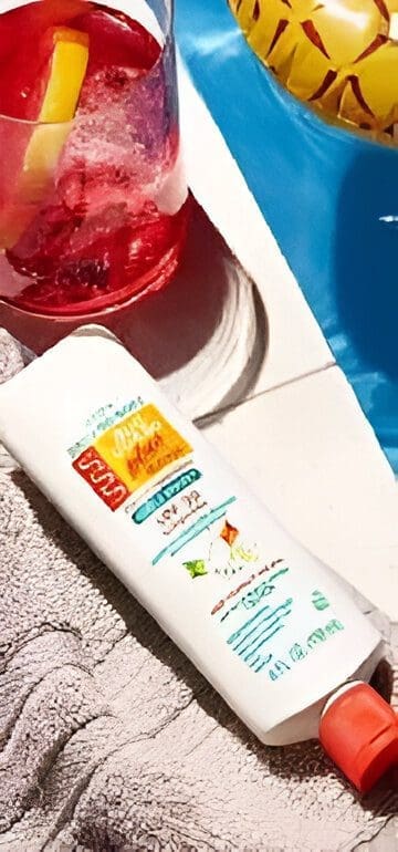 Sunscreen and drink by a poolside.