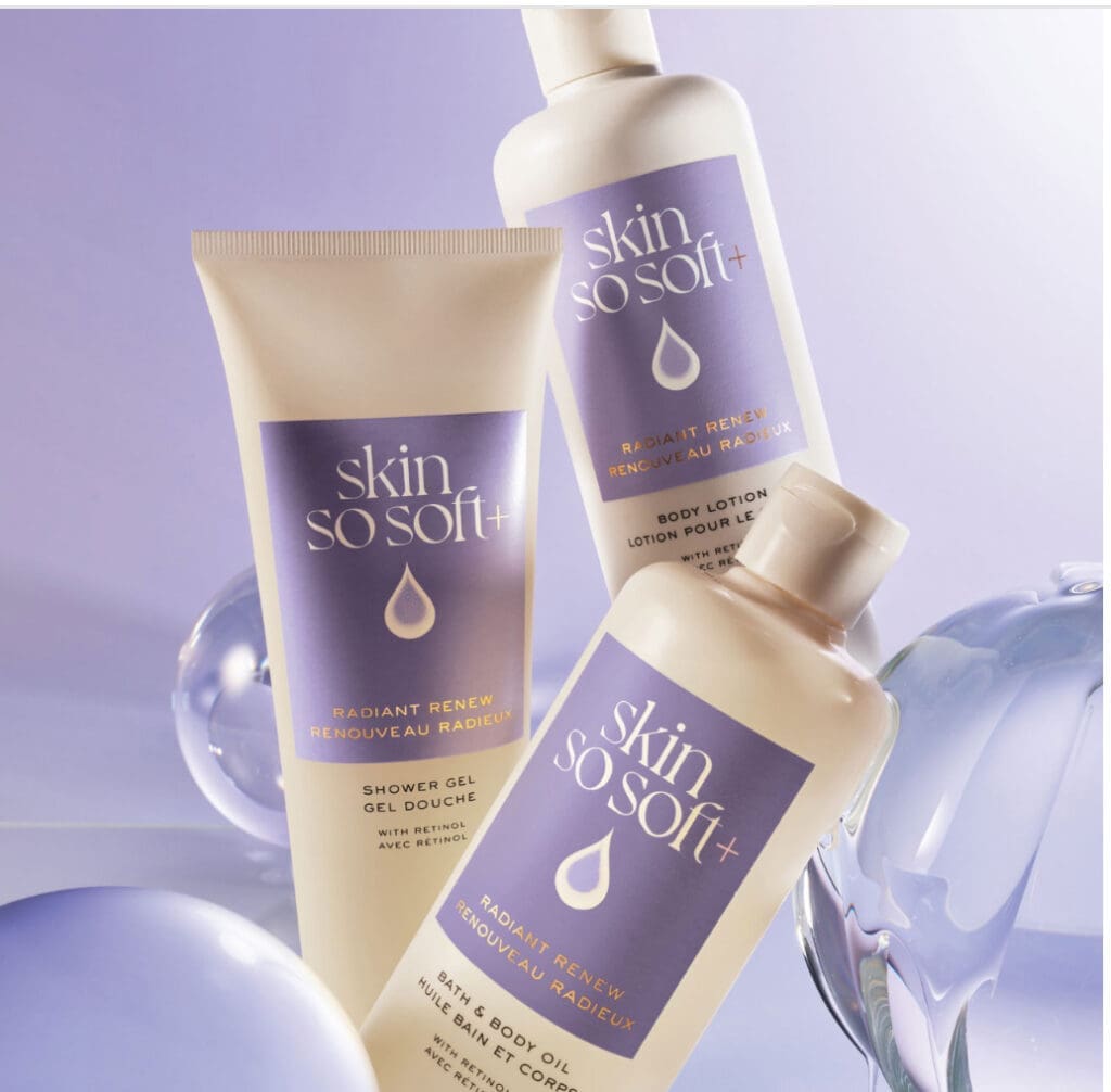 Skin So Soft skincare products with purple labels.