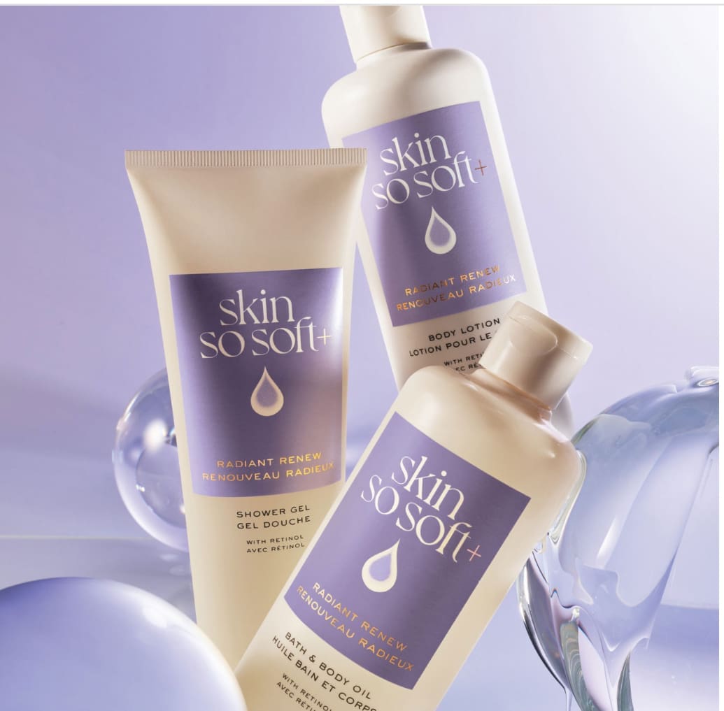 Skin So Soft skincare products with purple labels.