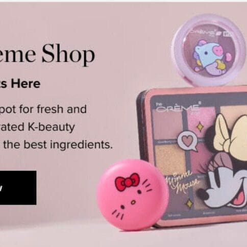 A pink and black picture of some cosmetics.